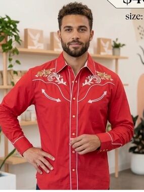 Men's Red Western-Style Embroidered Button-Down Shirt